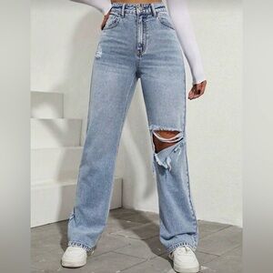 High Waist Ripped Boyfriend Jeans One Leg Rip